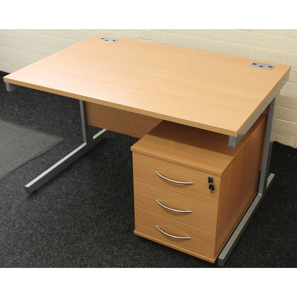 Used 1200 Beech Straight Desk & Pedestal