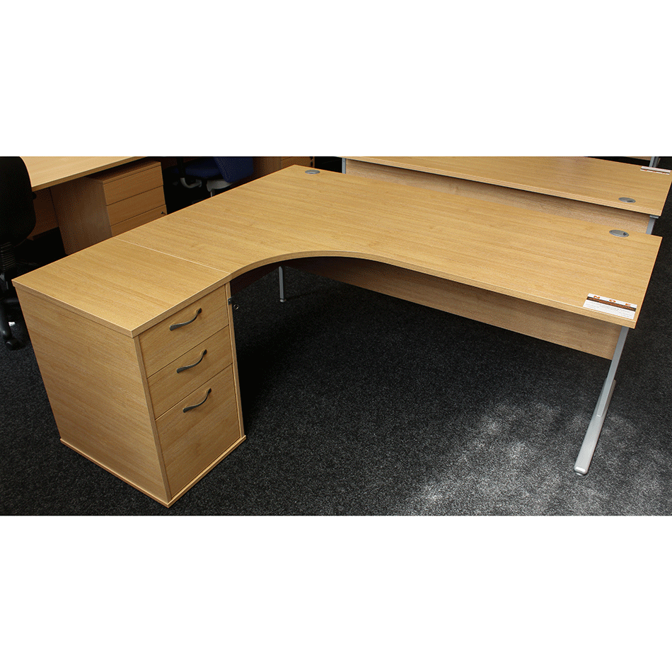 Used 1800 J Shape Desk & Pedestal Oak